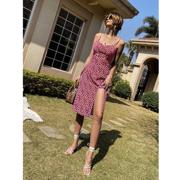 Burgundy Floral High Slit Midi Dress - Picture 3 of 6